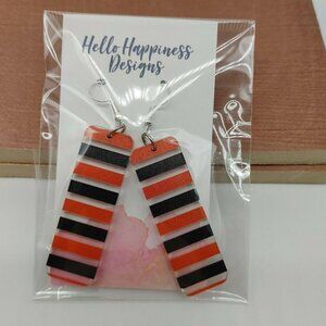 Striped Orange & Black Rectangle Dangle Stud Earrings By Hello Happiness Designs